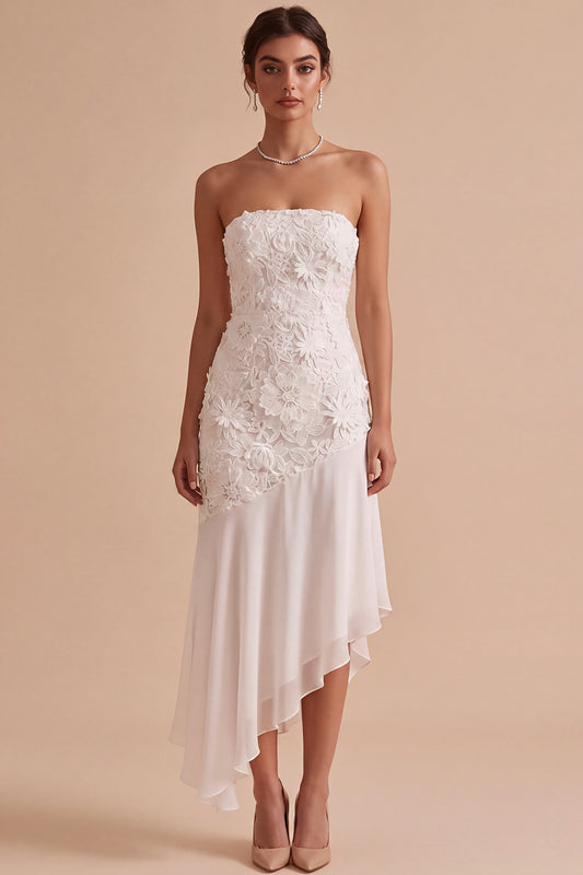 White Floral Strapless Chiffon Asymmetrical Engagement Dress