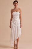 White Floral Strapless Sheath Asymmetrical Engagement Dress
