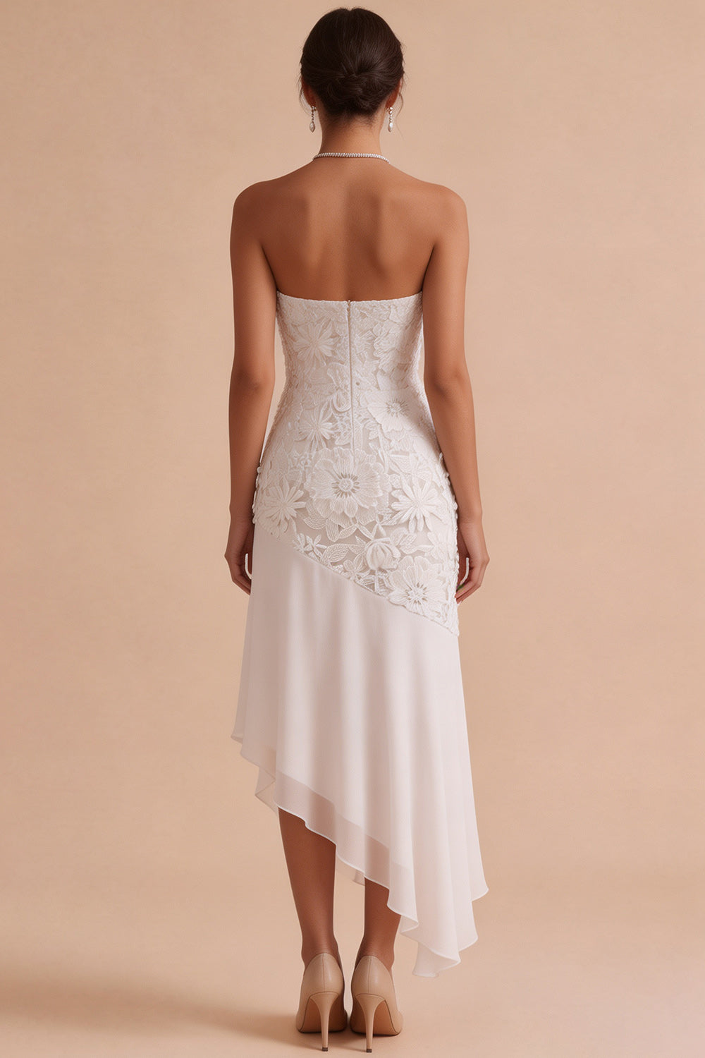 White Floral Strapless Sheath Asymmetrical Engagement Dress
