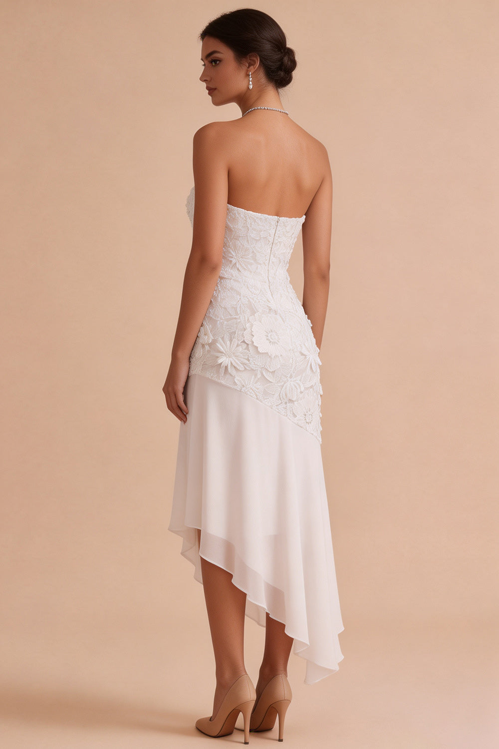 White Floral Strapless Sheath Asymmetrical Engagement Dress