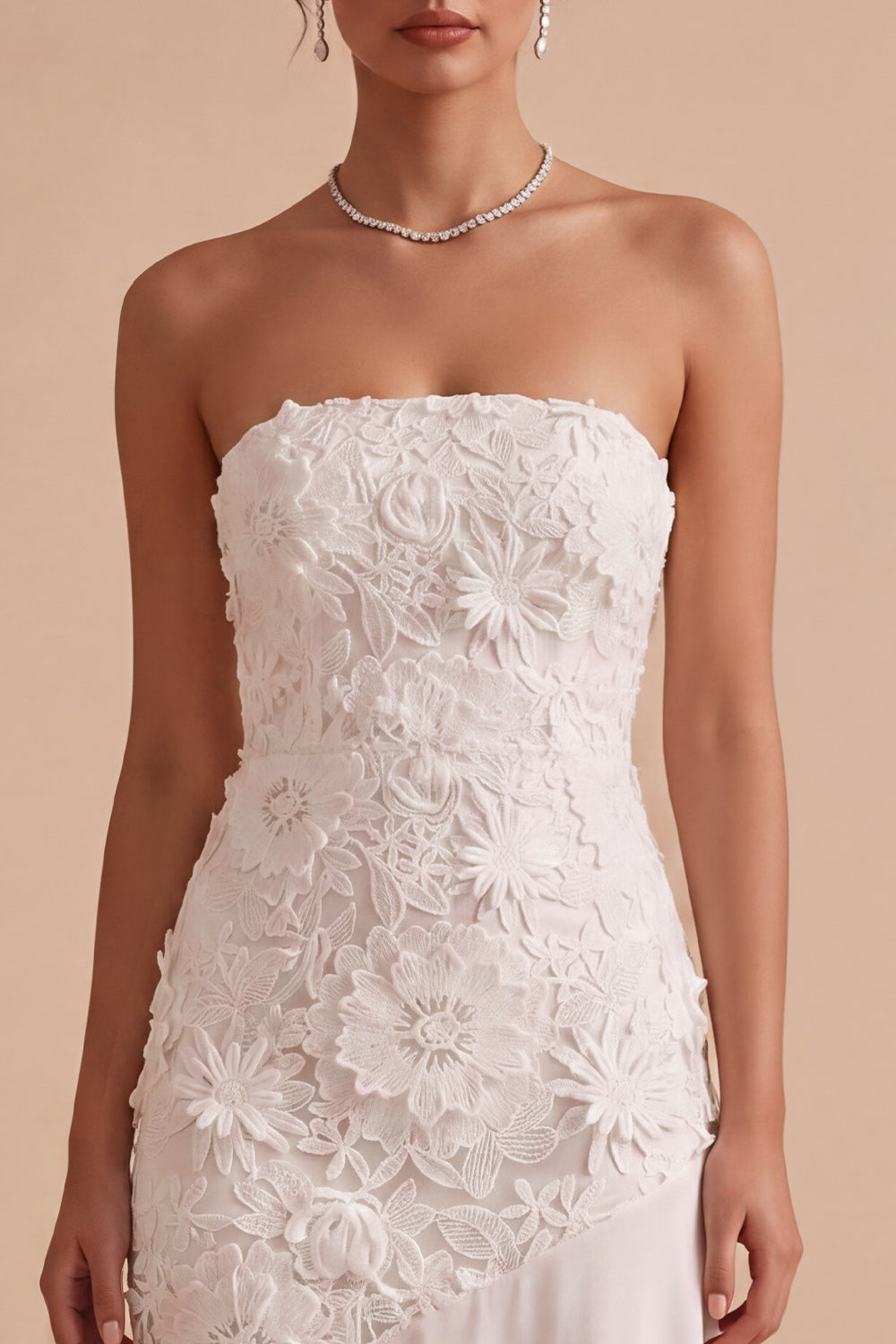 White Floral Strapless Sheath Asymmetrical Engagement Dress