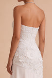White Floral Strapless Sheath Asymmetrical Engagement Dress