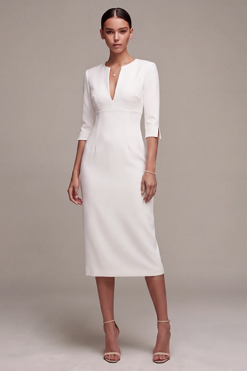 White Sheath V-Neck Midi Engagement Dress with Sleeves