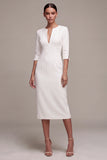 White Sheath V-Neck Midi Engagement Dress with Sleeves