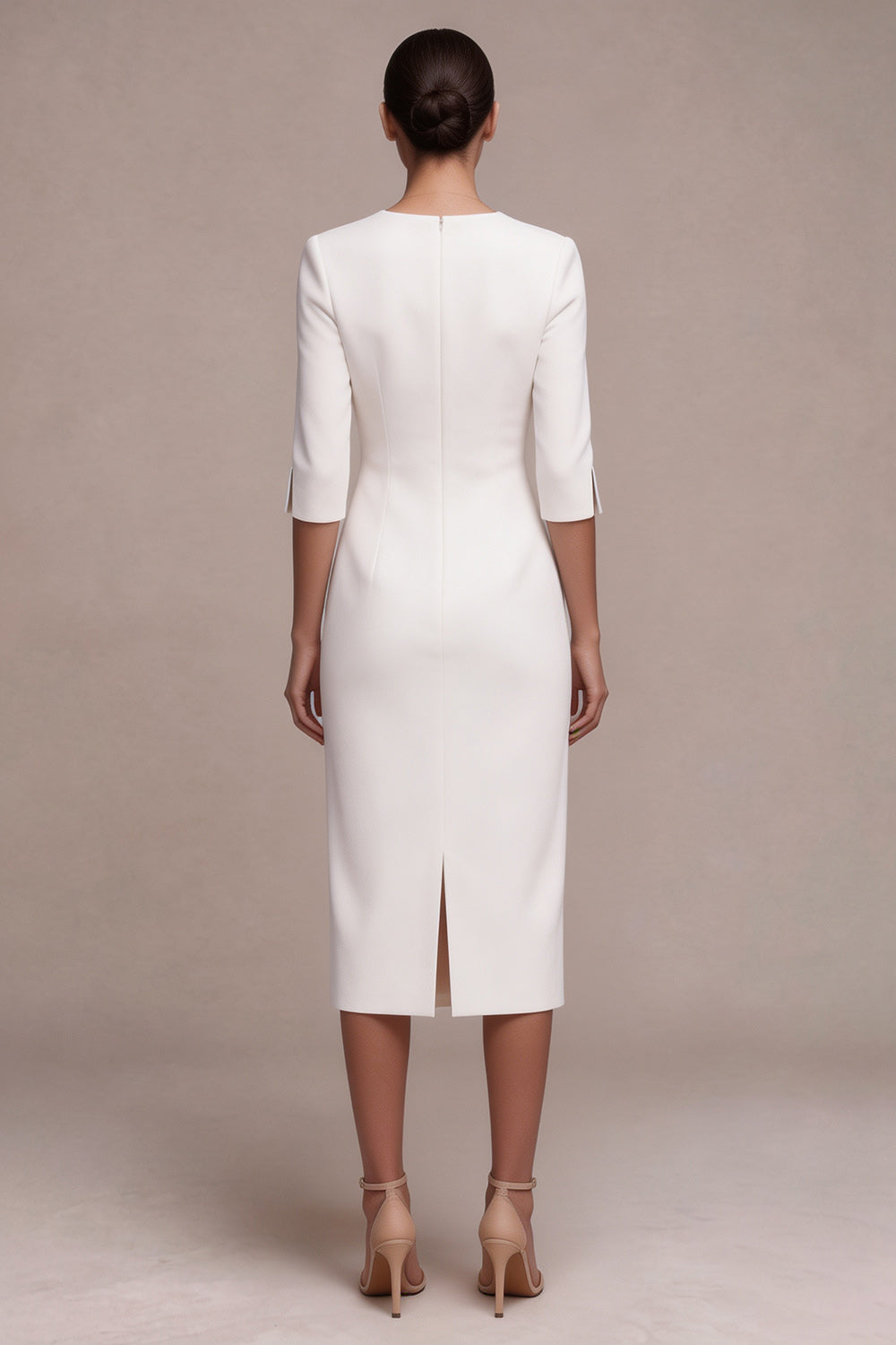 White Sheath V-Neck Midi Engagement Dress with Sleeves