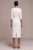 White Sheath V-Neck Midi Engagement Dress with Sleeves