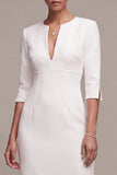 White Sheath V-Neck Midi Engagement Dress with Sleeves