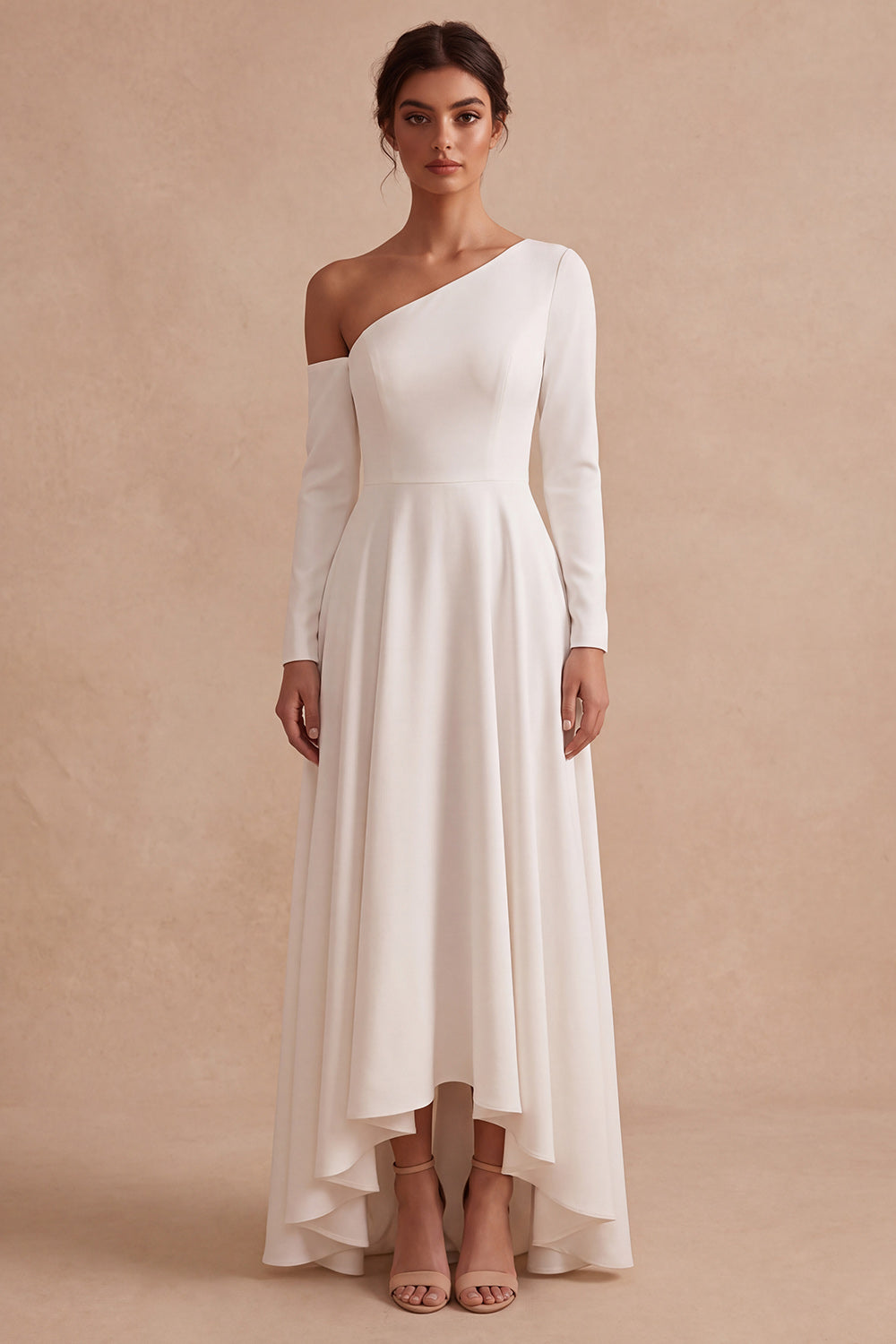 White A Line One Shoulder High-Low Corset Engagement Dress with Sleeves