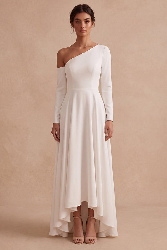 White A Line One Shoulder High-Low Engagement Dress with Sleeves