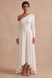 White A Line One Shoulder High-Low Corset Engagement Dress with Sleeves