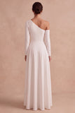 White A Line One Shoulder High-Low Corset Engagement Dress with Sleeves