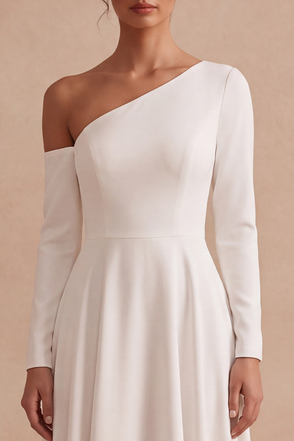 White A Line One Shoulder High-Low Corset Engagement Dress with Sleeves