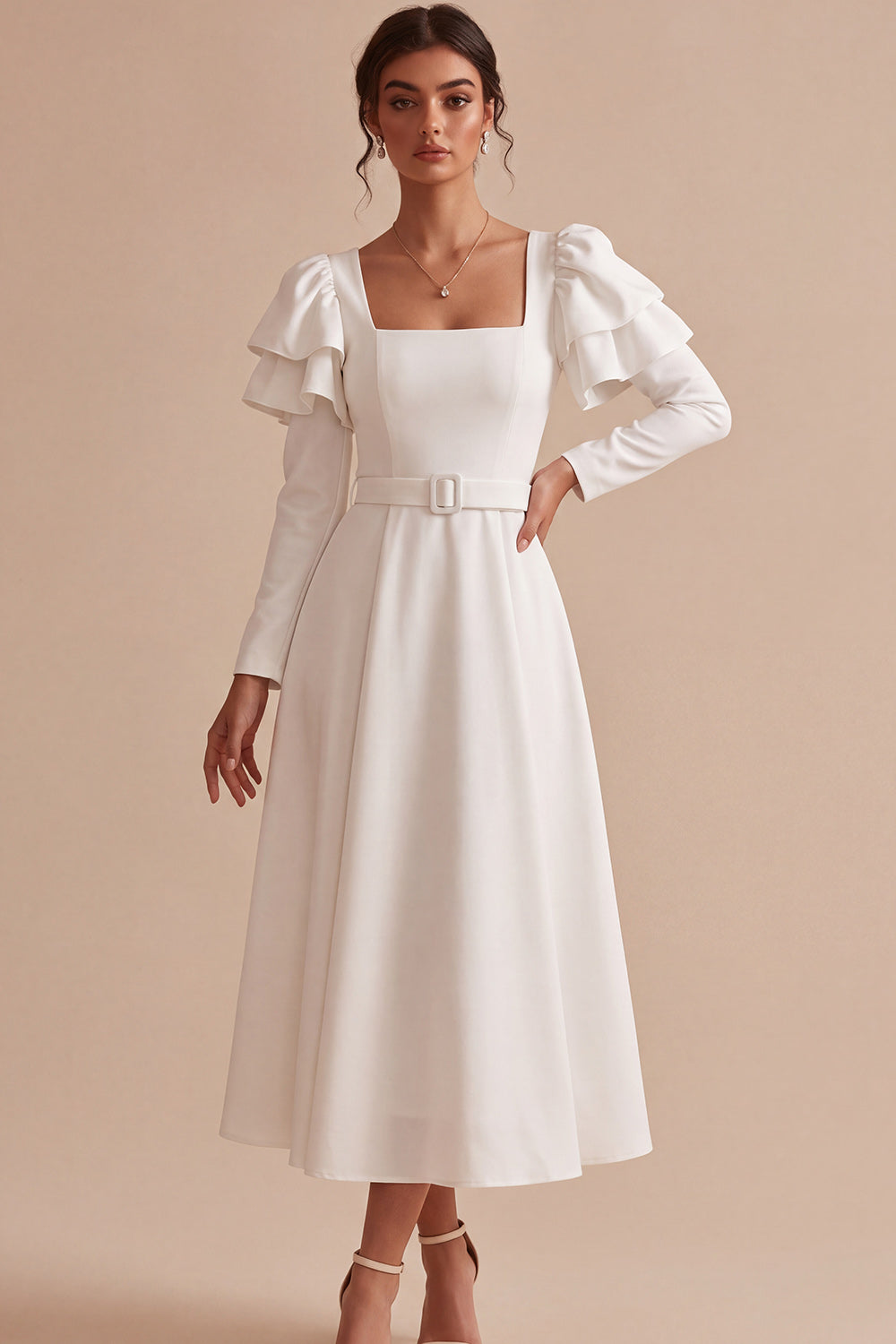 White A Line Square Neck Ruffle Sleeves Midi Engagement Dress with Belt