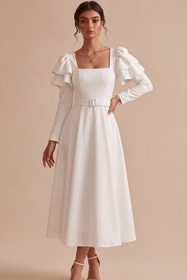 White A Line Square Neck Ruffle Sleeves Midi Engagement Dress with Belt