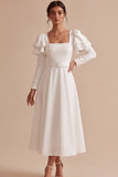 White A Line Square Neck Ruffle Sleeves Midi Engagement Dress with Belt