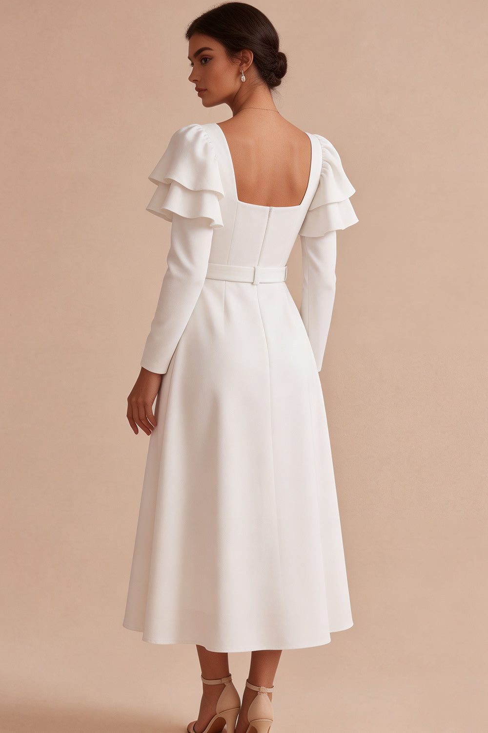 White A Line Square Neck Ruffle Sleeves Midi Engagement Dress with Belt