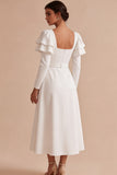 White A Line Square Neck Ruffle Sleeves Midi Engagement Dress with Belt