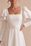 White A Line Square Neck Ruffle Sleeves Midi Engagement Dress with Belt