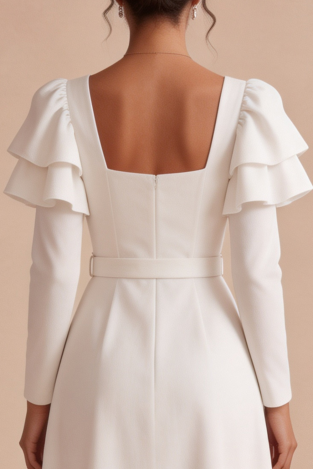 White A Line Square Neck Ruffle Sleeves Midi Engagement Dress with Belt