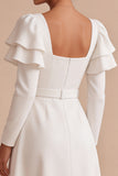 White A Line Square Neck Ruffle Sleeves Midi Engagement Dress with Belt