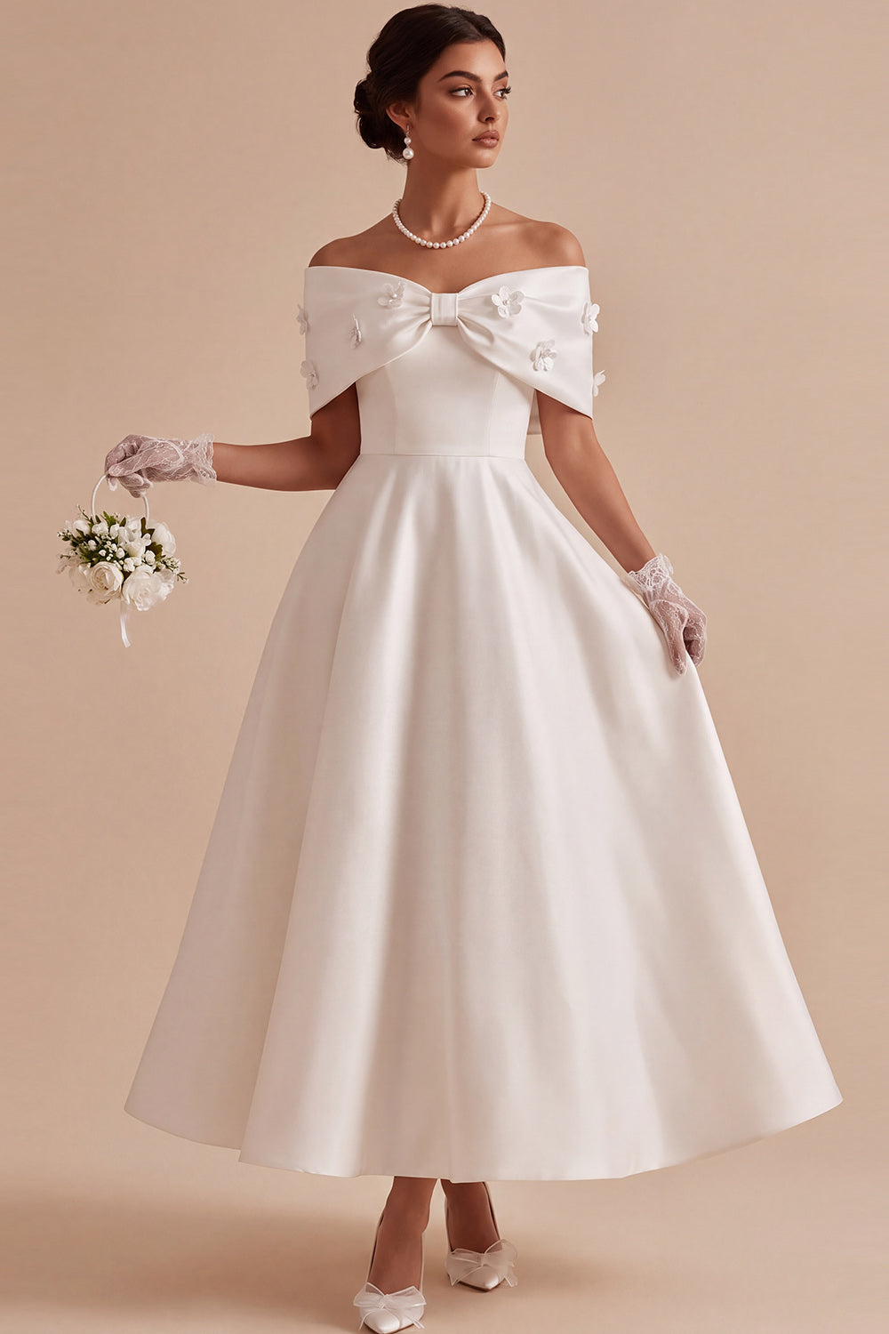 White Satin A Line Beaded Off the Shoulder Maxi Engagement Dress with Bow