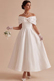 White Satin A Line Beaded Off the Shoulder Maxi Engagement Dress with Bow