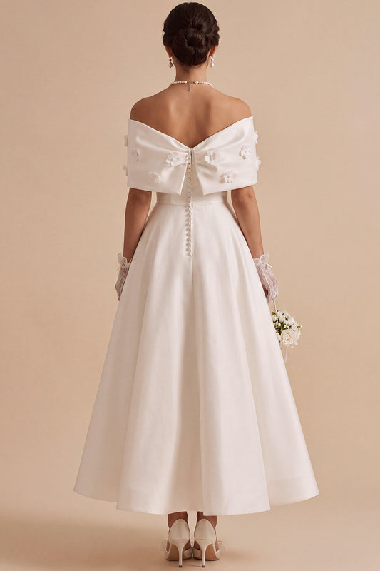White Satin Floral Beaded A Line Maxi Engagement Dress with Bow