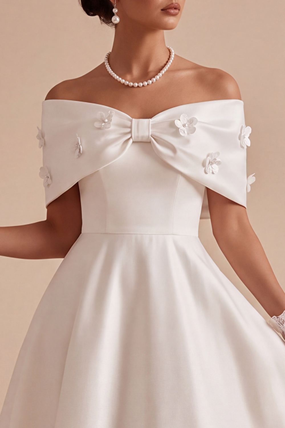 White Satin A Line Beaded Off the Shoulder Maxi Engagement Dress with Bow