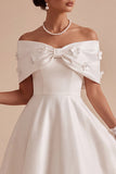 White Satin A Line Beaded Off the Shoulder Maxi Engagement Dress with Bow