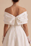 White Satin A Line Beaded Off the Shoulder Maxi Engagement Dress with Bow
