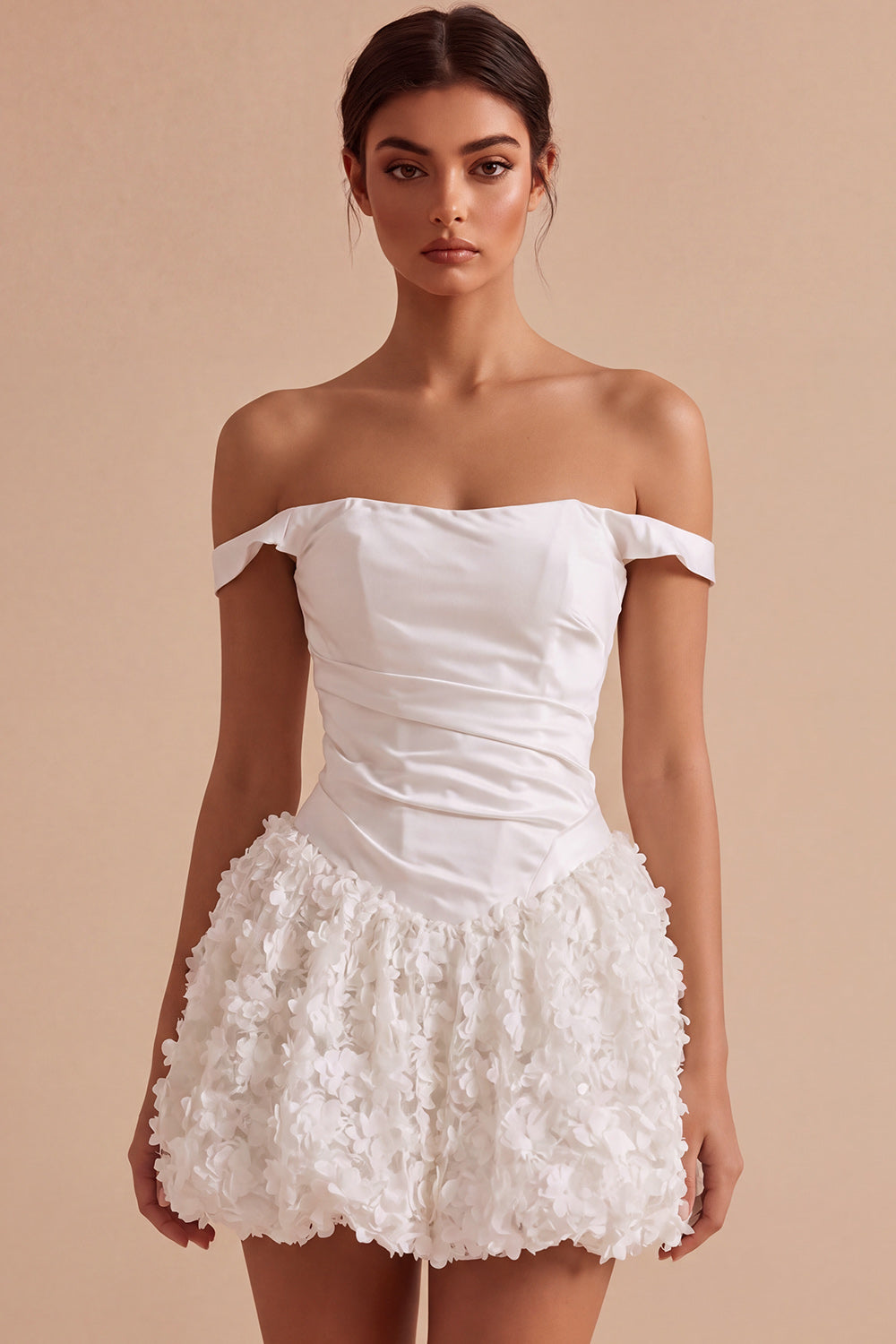 White Ruched Off the Shoulder Short Graduation Dress with 3D Flower