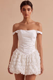 White Ruched Off the Shoulder Short Graduation Dress with 3D Flower