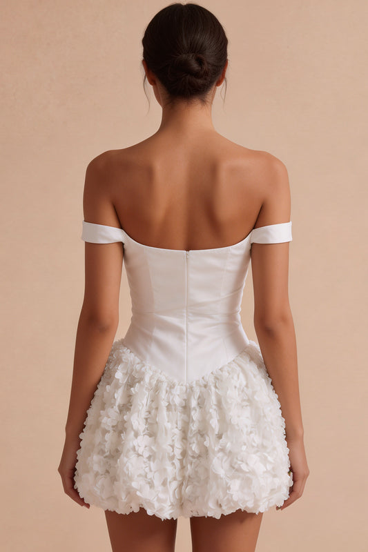 White Ruched A Line Short Corset Graduation Dress with 3D Flower