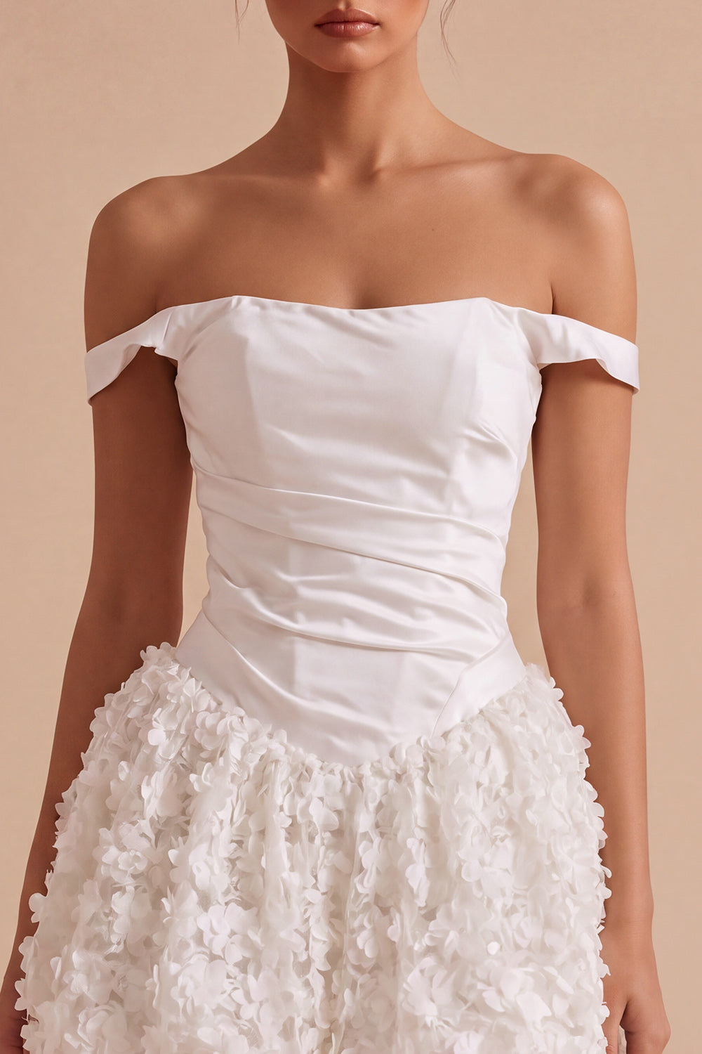 White Ruched Off the Shoulder Short Graduation Dress with 3D Flower