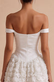 White Ruched Off the Shoulder Short Graduation Dress with 3D Flower