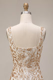 Sparkly Champagne Tight Floral Beaded Short Homecoming Dress with Slit