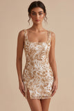Sparkly Champagne Tight Floral Beaded Short Homecoming Dress with Slit