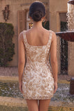Sparkly Champagne Tight Floral Beaded Short Homecoming Dress with Slit
