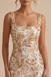Sparkly Champagne Tight Floral Beaded Short Homecoming Dress with Slit
