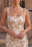 Sparkly Champagne Tight Floral Beaded Short Homecoming Dress with Slit