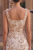 Sparkly Champagne Tight Floral Beaded Short Homecoming Dress with Slit