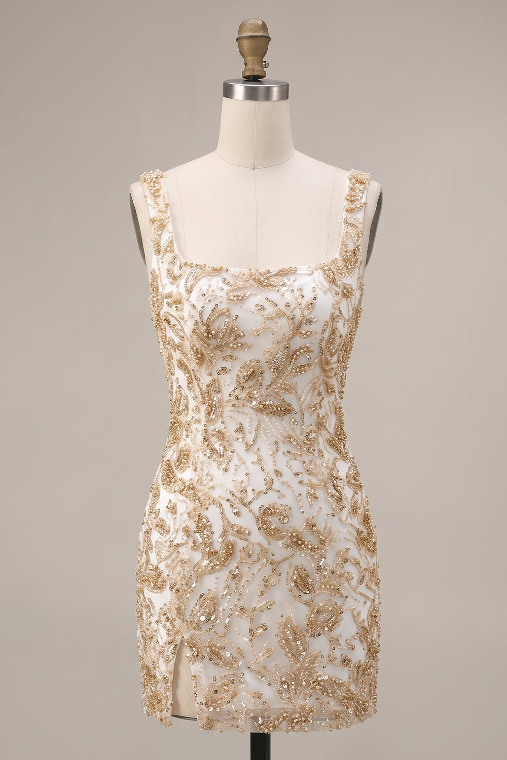 Sparkly Champagne Tight Floral Beaded Short Homecoming Dress with Slit