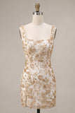 Sparkly Champagne Tight Floral Beaded Short Homecoming Dress with Slit