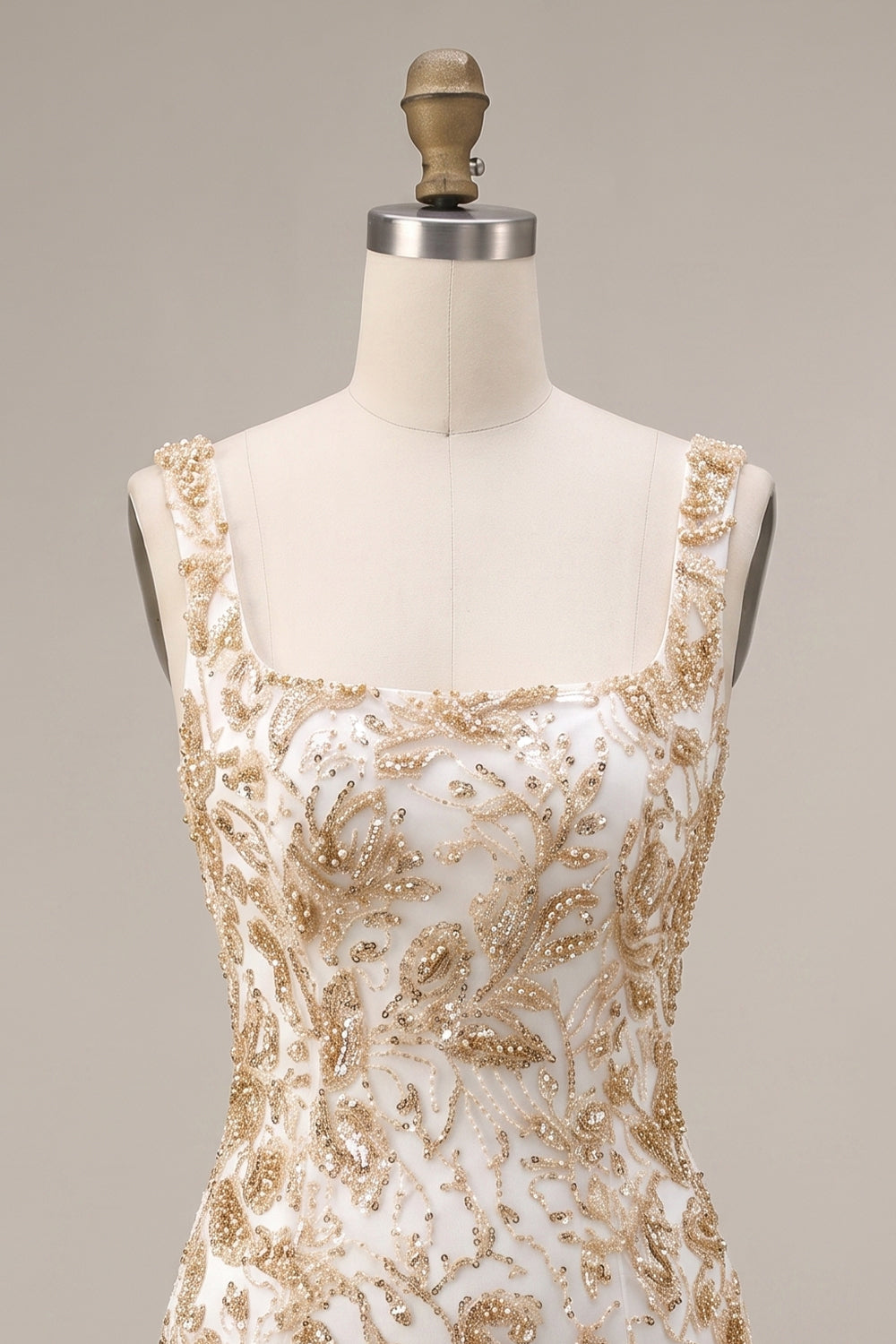 Sparkly Champagne Tight Floral Beaded Short Homecoming Dress with Slit