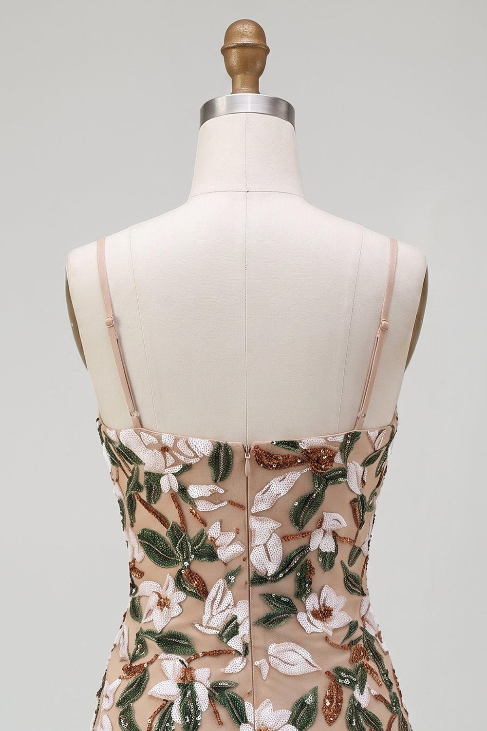 Sparkly Light Khaki Corset Tight Sequin Floral Short Homecoming Dress with Slit