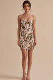Sparkly Light Khaki Corset Tight Sequin Floral Short Homecoming Dress with Slit