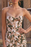 Sparkly Light Khaki Corset Tight Sequin Floral Short Homecoming Dress with Slit