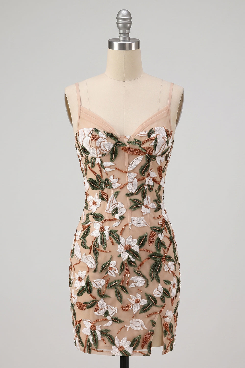 Sparkly Light Khaki Corset Tight Sequin Floral Short Homecoming Dress with Slit