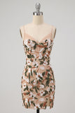 Sparkly Light Khaki Corset Tight Sequin Floral Short Homecoming Dress with Slit