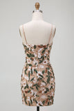Sparkly Light Khaki Corset Tight Sequin Floral Short Homecoming Dress with Slit